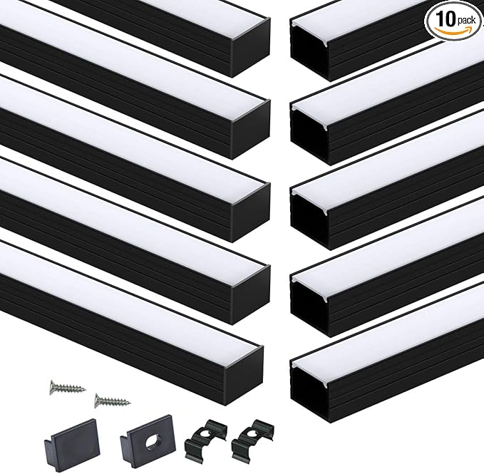 Muzata 10Pack 6.6FT/2M Plus-Size Spotless LED Channel Black LED Strip Diffuser by Muzata