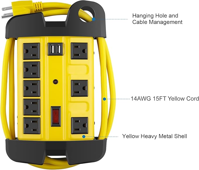 Heavy Duty Power Strip with USB, Workshop 8 Outlet Surge Protector 2700 Joules - Image 6