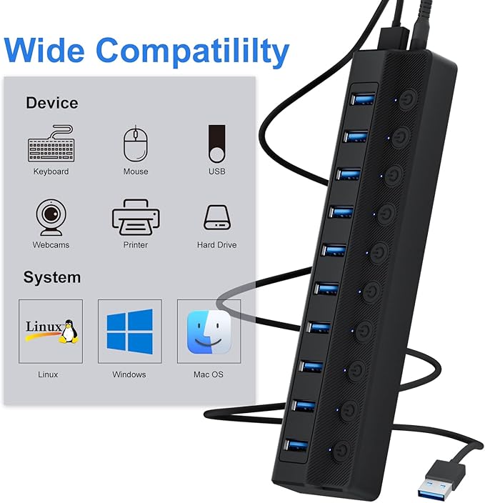 ONFINIO Powered USB Hub 3.0, 10-Port USB Splitter Hub - Image 3