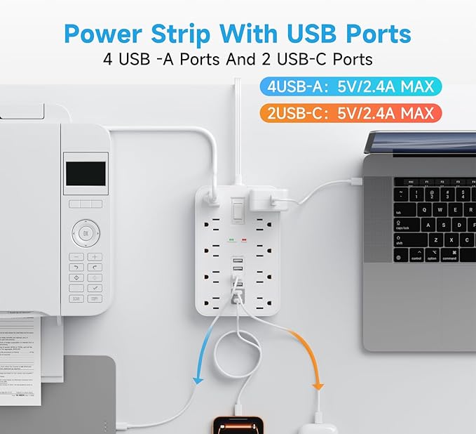 Flat Extension Cord with USB and USBC Ports, 5FT Extension Cord with 10 AC - Image 3