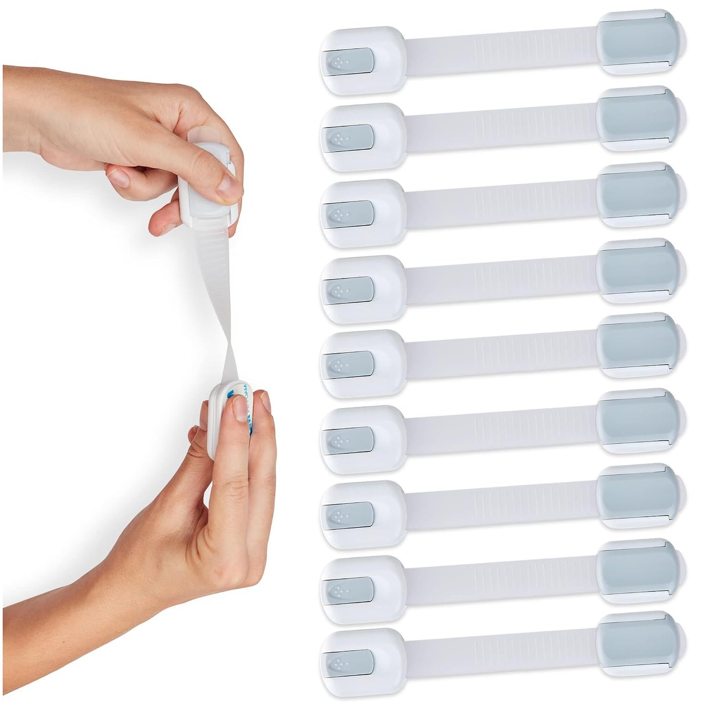 Child Safety Strap Locks (8-Pack) Baby Locks for Cabinets and Drawers, Toilet, Fridge & More. 3M Adhesive Pads. Easy Installation. (White/Gray)