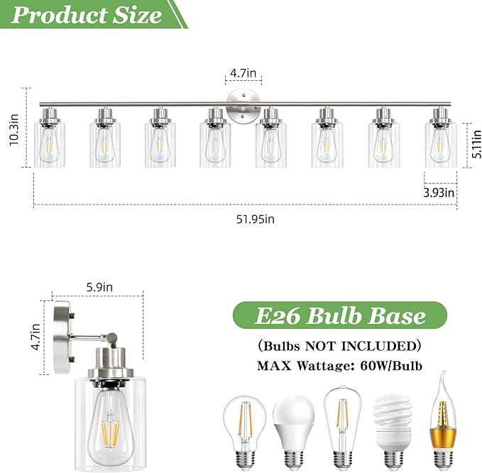 Guliaofo 8-Light Brushed Nickel Vanity Lights, Modern Bathroom Light Fixtures - Image 2