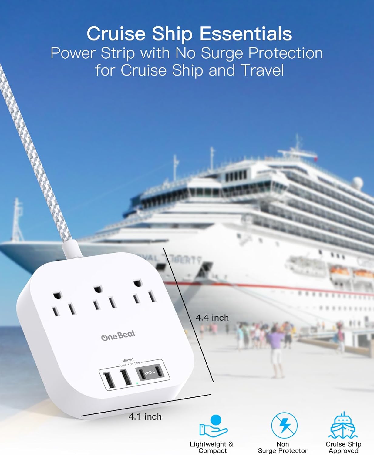 One Beat Power Strip with USB C, 3 Outlets 4 USB Ports (22.5W/4.5A), 6ft | Desktop Charging Station, Flat Plug, Braided Extension Cord, Non Surge Protector for Travel, Cruise Ship, ETL Listed