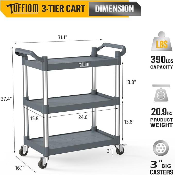 TUFFIOM 3-Tier Plastic Service Utility Cart - Image 7