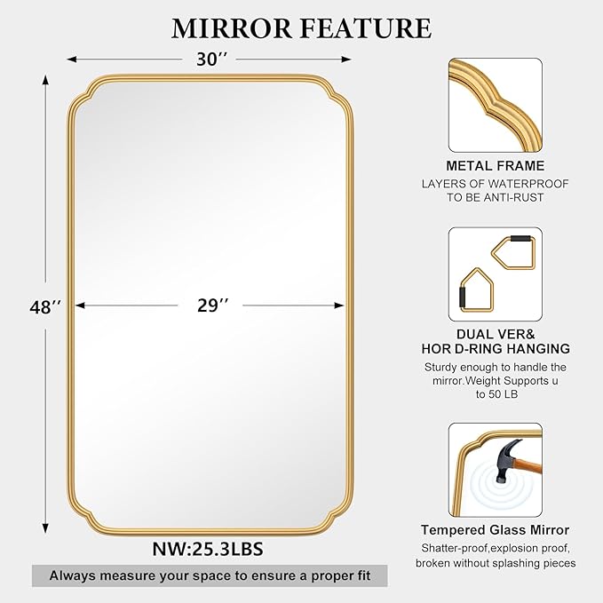 30"x48" Gold Bathroom Mirror for Wall, Large Brass Gold Bathroom Vanity Mirror - Image 5