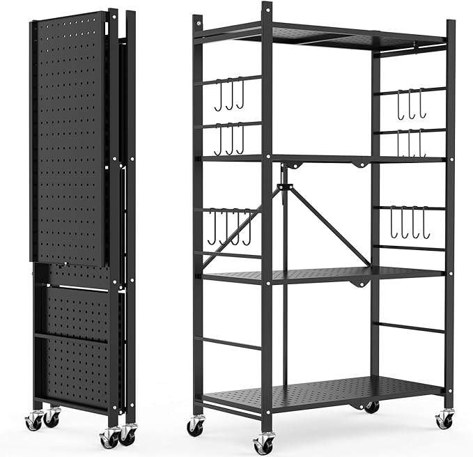Himix Storage Shelves with 20 Hooks, 4-Tier Foldable Shelves by Himix