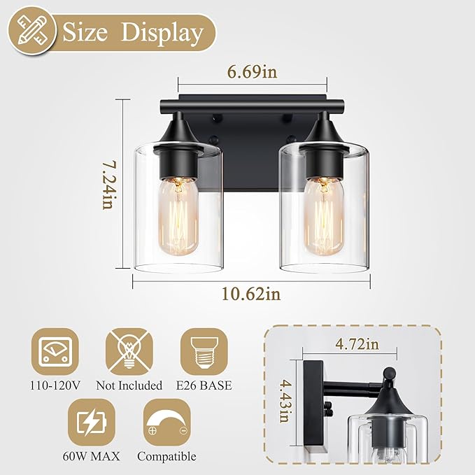 XPEHK Vanity Lighting Fixtures, 2-Light Bathroom Lights Over Mirror, Modern - Image 4