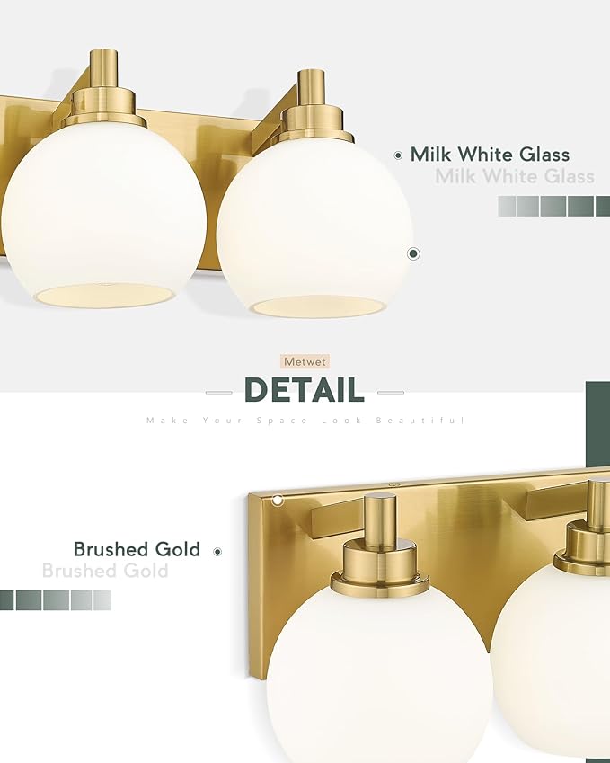 METWET Bathroom Light Fixtures, 3-Light Brushed Gold Vanity Light, Modern Wall - Image 4