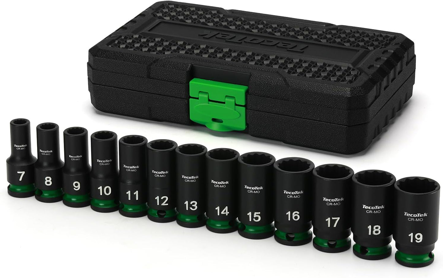 TecoTek 3/8-Inch Drive 12-Point Metric Semi-Deep Impact Socket Set, Mid-Length Socket Set, 7mm to 19mm, CR-MO, Stamped and Ink Filled Size Marking, 13-Piece