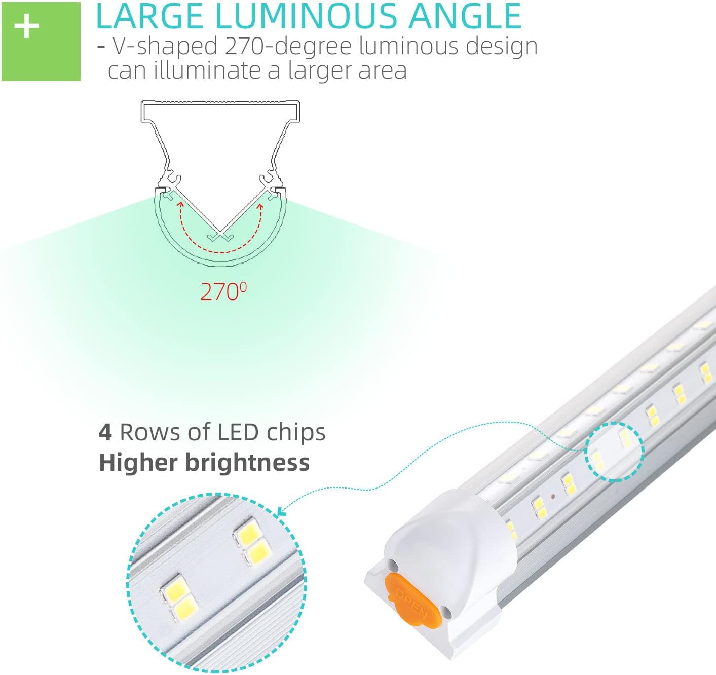 LED Shop Light 2FT 25W 3100lm Super Bright 6500K V-Shape 2 Pack | Clear Cover Linkable T8 LED Fixture and Under Cabinet Lights for Workbench, Corded Electric with Built-in ON/Off Switch