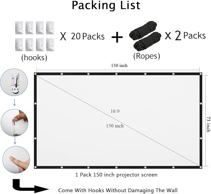 Mdbebbron 150 inch Projection Screen 16:9 Foldable Anti-Crease Portable - Image 4