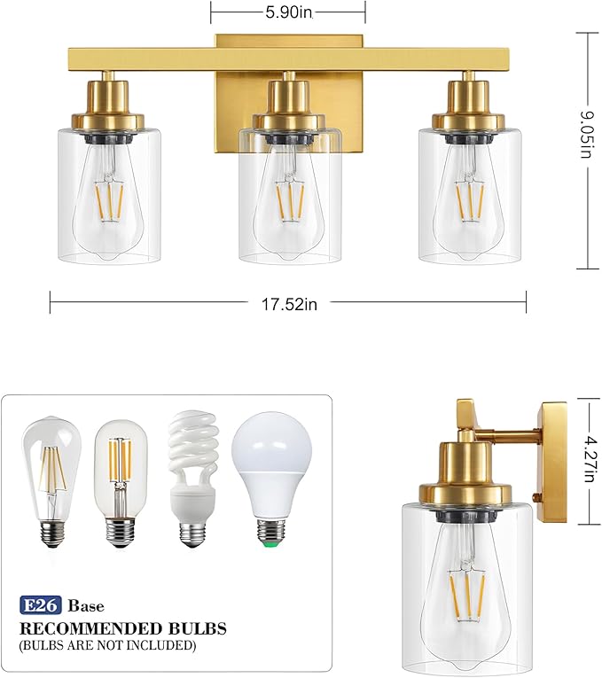 DIKAIDA 3 Light Gold Bathroom Light Fixtures, Bathroom Vanity Light Over Mirror - Image 5
