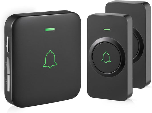AVANTEK Wireless Doorbell, 1000 ft Range, 2 Buttons + 1 Receiver, Black | 115 dB Volume, LED Flash, Different Chimes per Button, IP55 Waterproof, 3-Year Battery, No Wi-Fi
