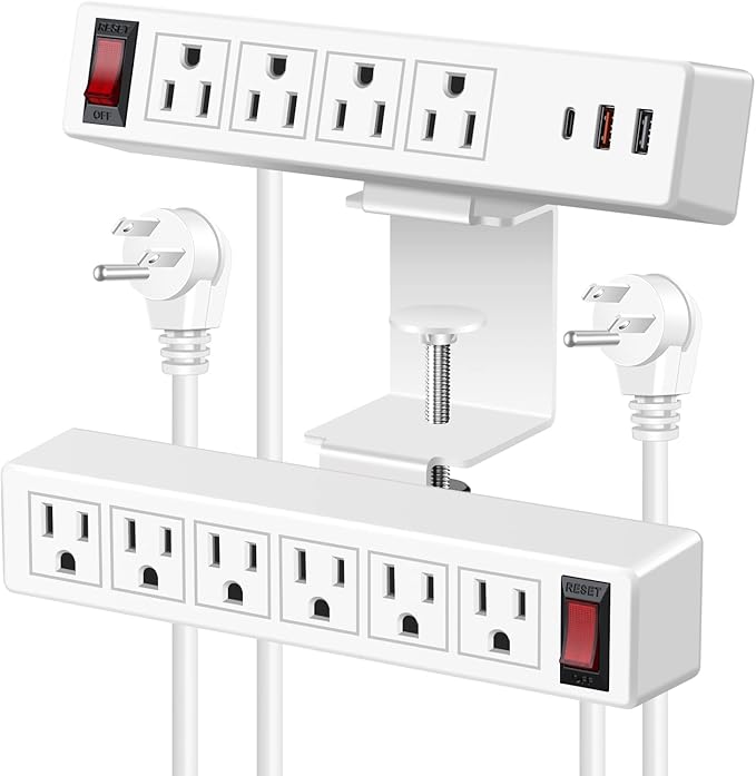 Desk Clamp Power Strip with PD20W USB-C, 2 in 1 Dual Layer Under Desk Power by VILONG