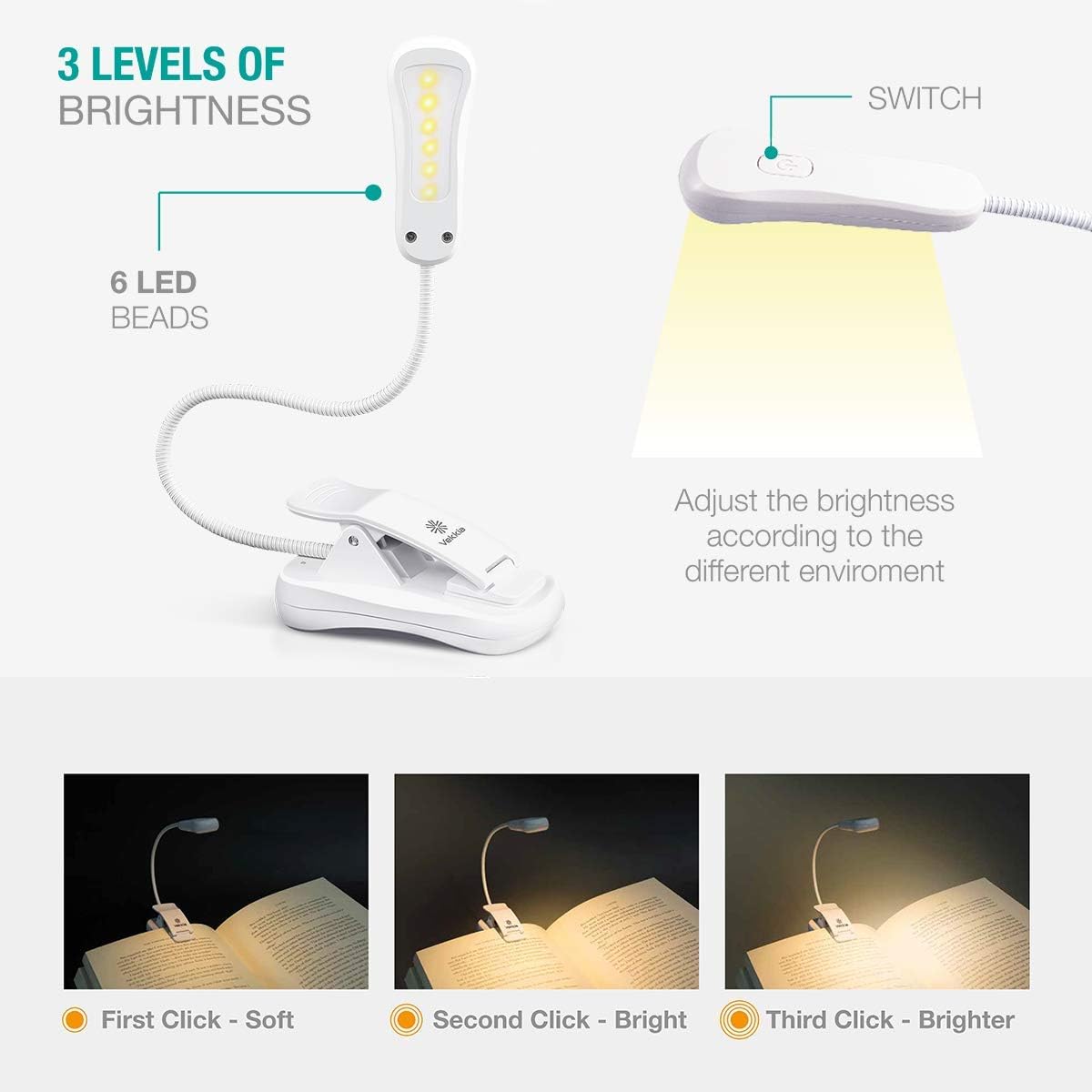 Vekkia 3000K Warm LED Rechargeable Book Light(Elegant White) | Easy for Eyes/Clip on Reading Lights for Books in Bed, Car & Travel, Lightweight Slim 2.1 oz/Great for Readers