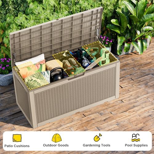 120gal outdoor storage box waterproof lockable deck box showing dimensions