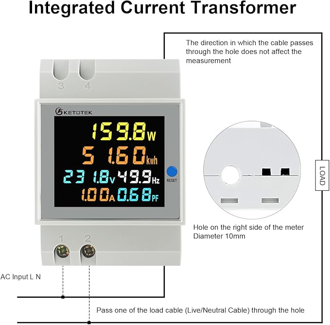 KETOTEK Single Phase Energy Meter Din Rail Electricity Usage Monitor AC 40-300V - Image 6