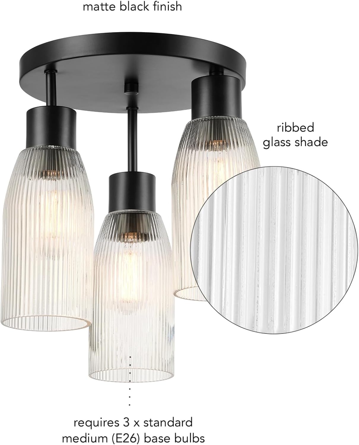 Globe Electric 66000133 3-Light Flush Mount Ceiling Light, Matte Black, Clear Ribbed Glass, Home Improvement, Dining/Kitchen