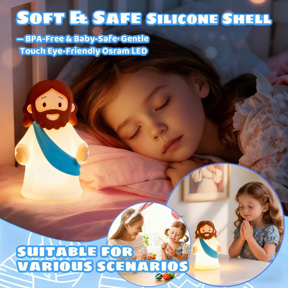 Jesus Night Light Rechargeable Bedside Night Light Dimmable Silicone LED Light Ideal for Religious Gatherings, Gifts for Sunday School, Baptism Presents, Easter Egg Decorations (blue) (Blue)