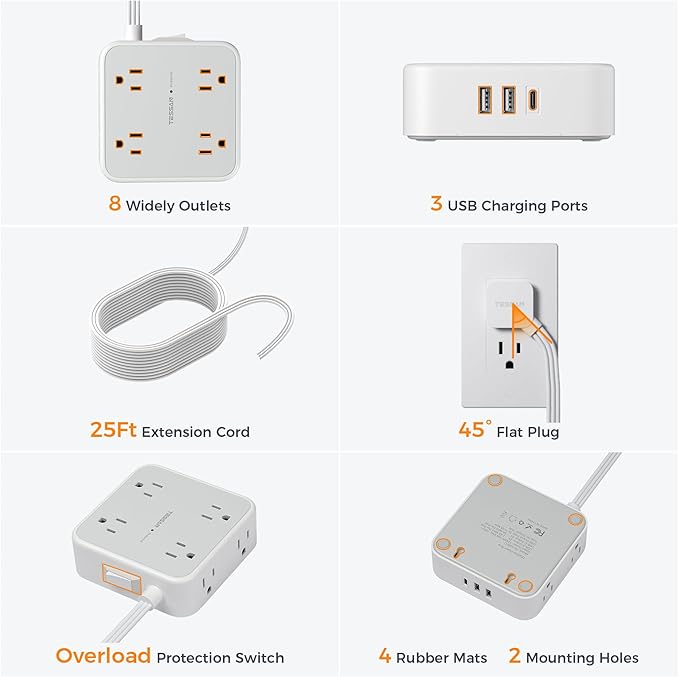Flat Plug Long Extension Cord 25 Ft, TESSAN Power Strip Surge Protector - Image 7