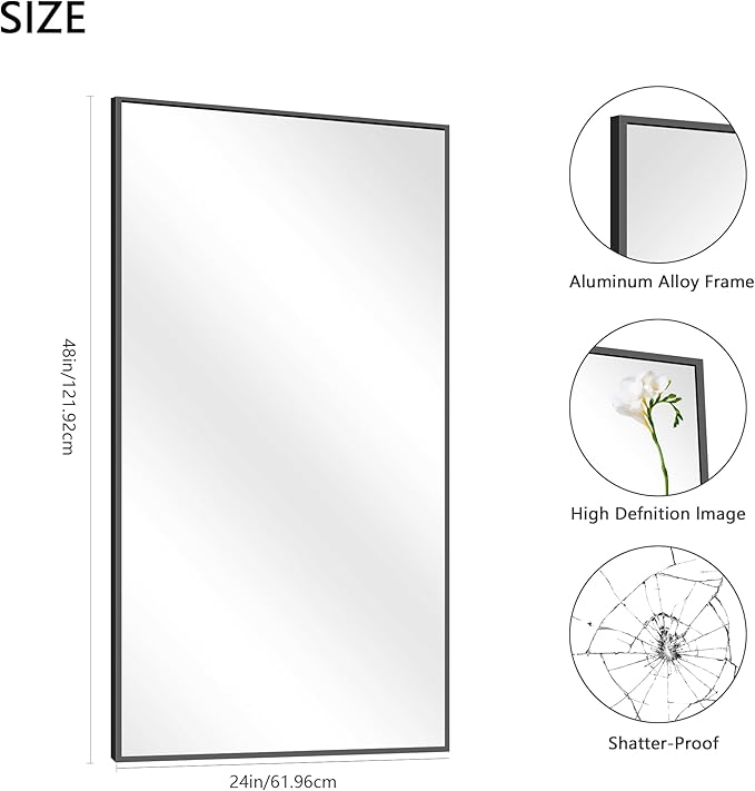 48x24In Black Bathroom Mirror for Wall, Rectangle Mirrors - Image 5