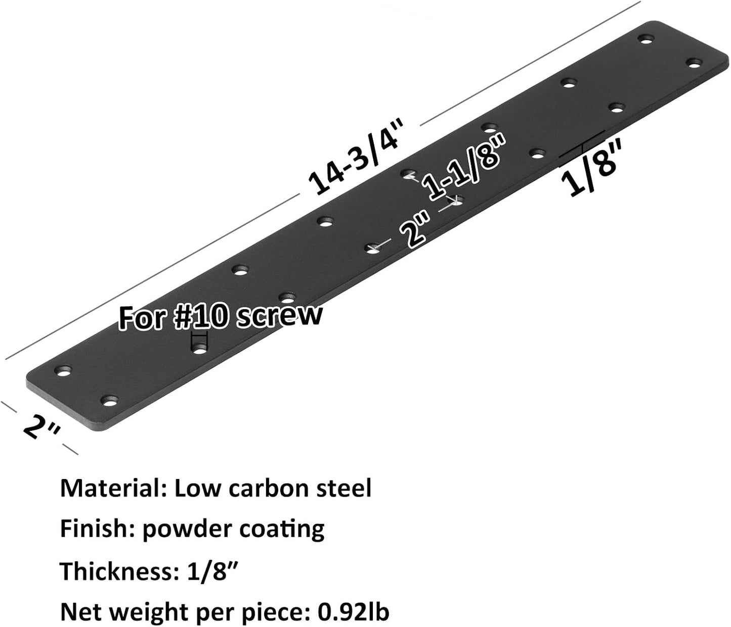6 Pack 14-3/4" x 2" Black Flat Mending Plate, Metal Steel Long Bracket | For Wood Repair and Splice