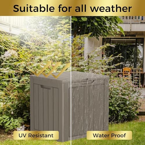outdoor storage box, 35 gallon waterproof deck box showing dimensions