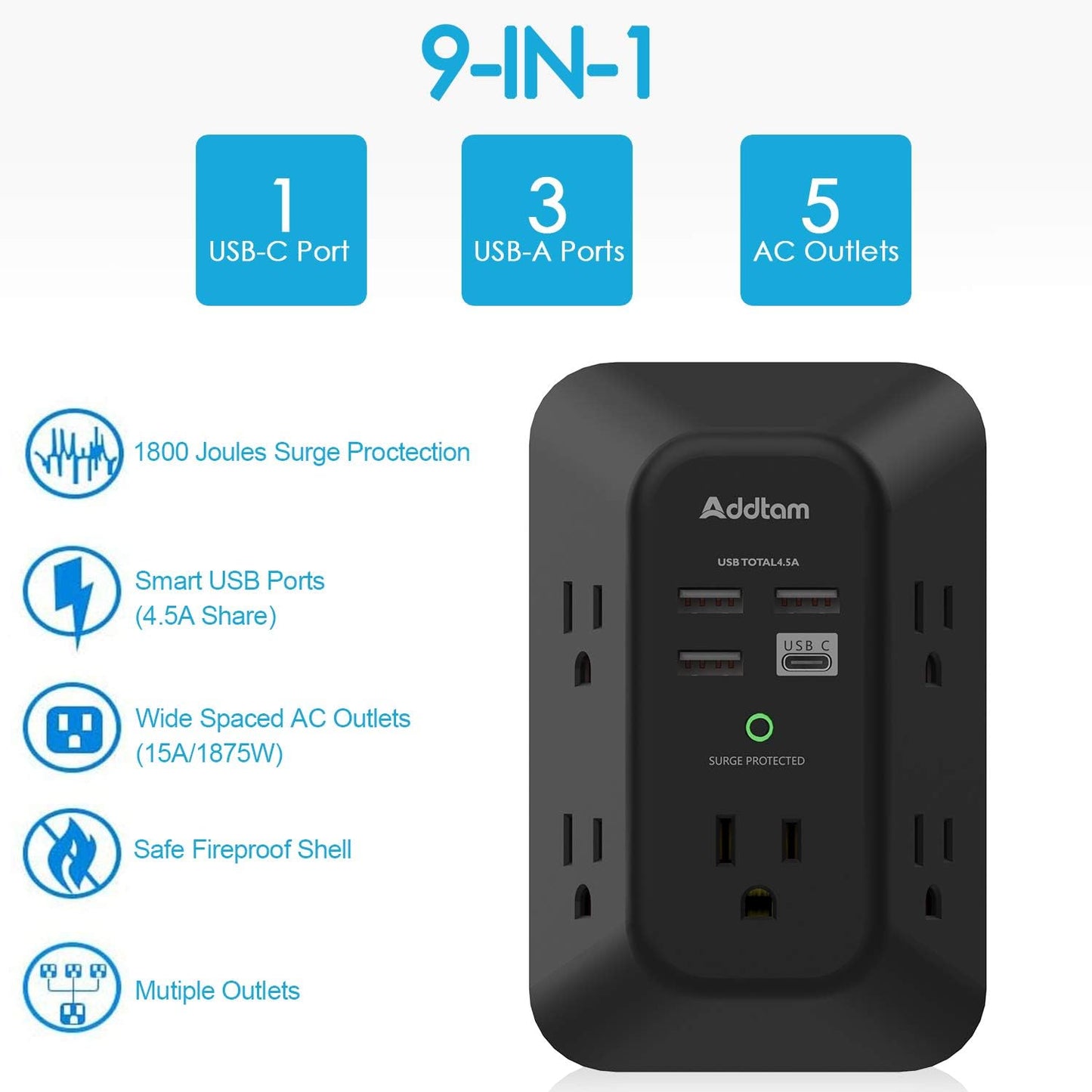 Addtam Surge Protector, Outlet Extender with 5 AC and 4 USB Ports, Black | Multi Plug Wall Outlet, Electric Outlet Splitter, 3-Sided 1800J Power Strip for Home Office Dorm, Easy to Install, Save Space