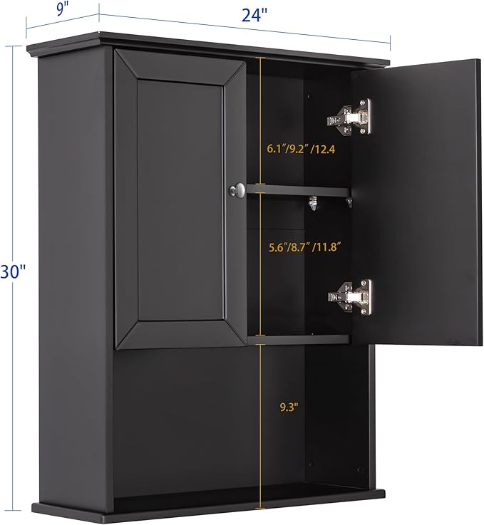 Black Wall Cabinet 24x30 Inch Wooden Over The Toilet Storage Cabinets - Image 2