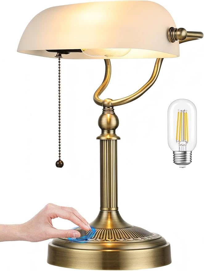 Newrays White Matted Glass Bankers Desk Lamp, Stepless Dimmable Table Lamp Plug by Newrays