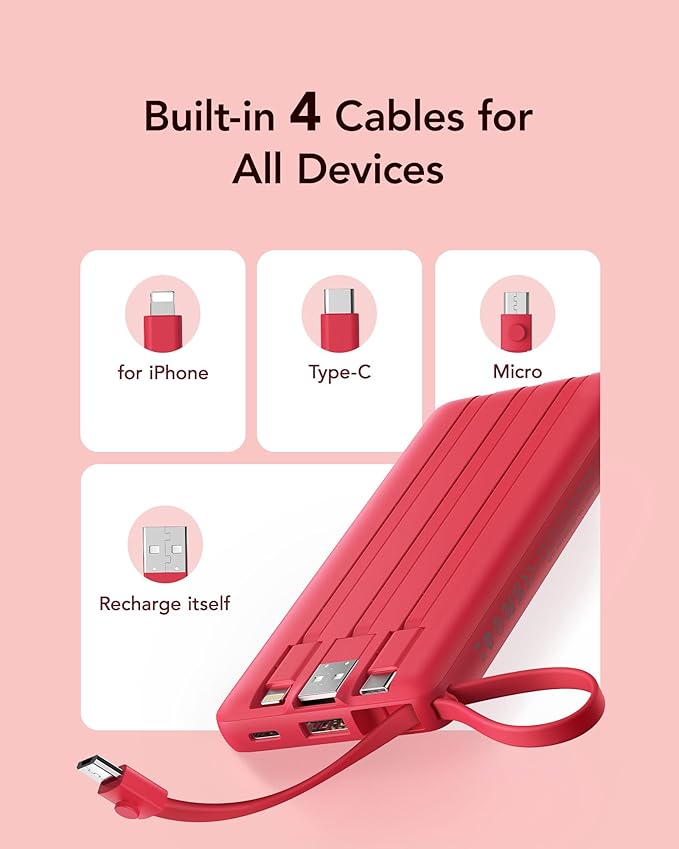 VRURC Portable Charger, 10000mAh Power Bank Built in Cables - Image 2