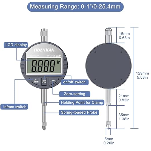 HDLNKAK Electronic Digital Dial Indicator Gauge Inch/Metric Conversion 0-1 - Image 6