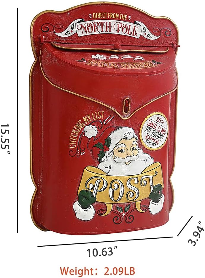 Xmas Letters to Santa Mailbox Wall Mount Christmas Mail Boxes for House Outside Metal North Pole Post Box Vintage Red Christmas Home Decor