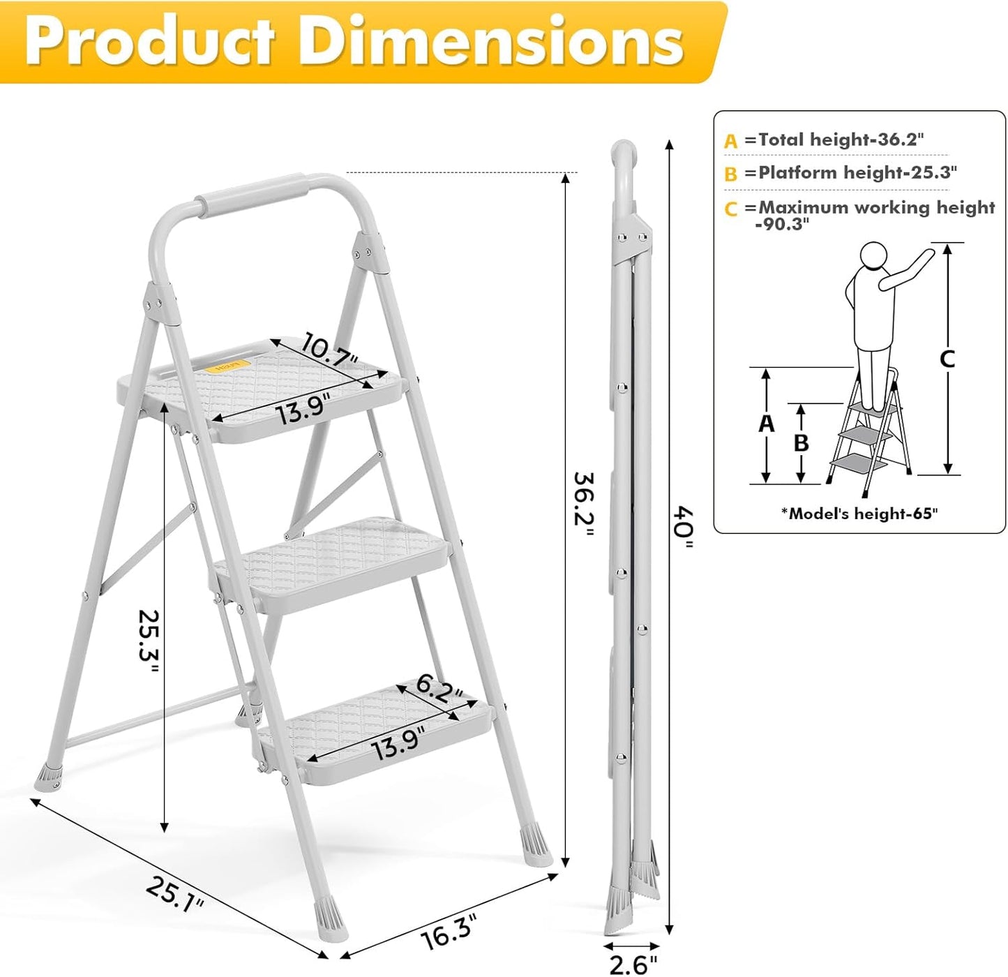 KINGRACK 3 Step Ladder, Folding Step Stool with Safety Lock & Sturdy Anti-Slip Pedals, Pass 800lbs Load Testing, Lightweight, Portable Steel Ladder with Handrails for Home, Kitchen, Garage, Office