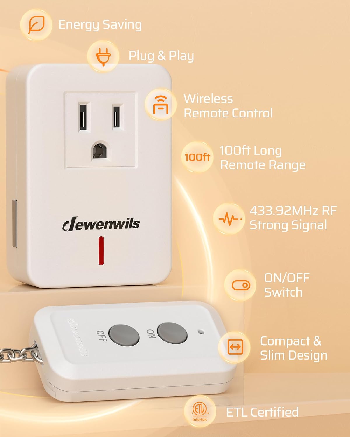 DEWENWILS Indoor Remote Control Outlet, Wireless On Off Power Switch | 100FT RF Range, 120V, 60Hz, 10A, Max.1200W, Compact Design for Indoor Lighting, Fans, Chargers, Lamps, White