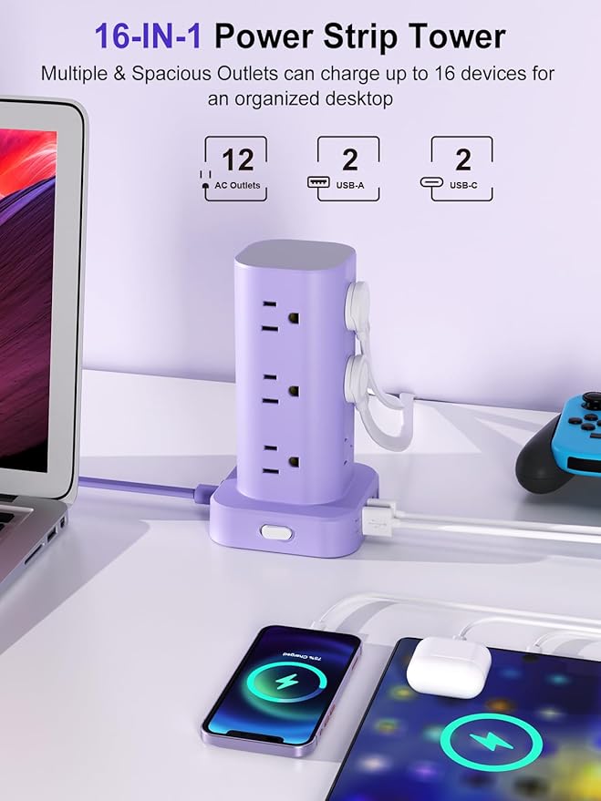 Power Strip Tower with Multiple Outlets, Flat Plug Surge Protector Tower - Image 2