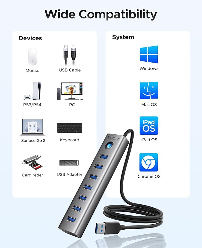 ORICO 7-Port USB 3.0 Hub, Aluminum USB Multiple Adapter, 5Gbps USB Extender USB - Image 8