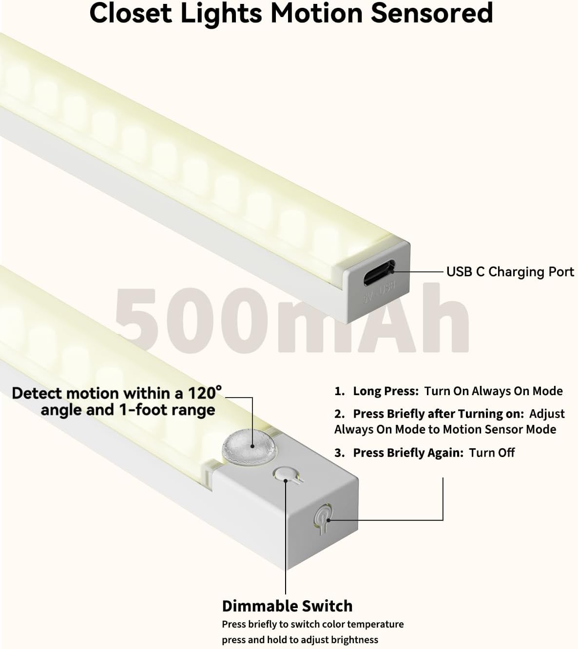 6-Pack 8-Inch Under Cabinet Lighting with Charging Station Rechargeable Motion Sensor Light Indoor 3 Color Dimmable Closet Light USB LED Magnetic Wireless Under Counter Lights for Kitchen Stair
