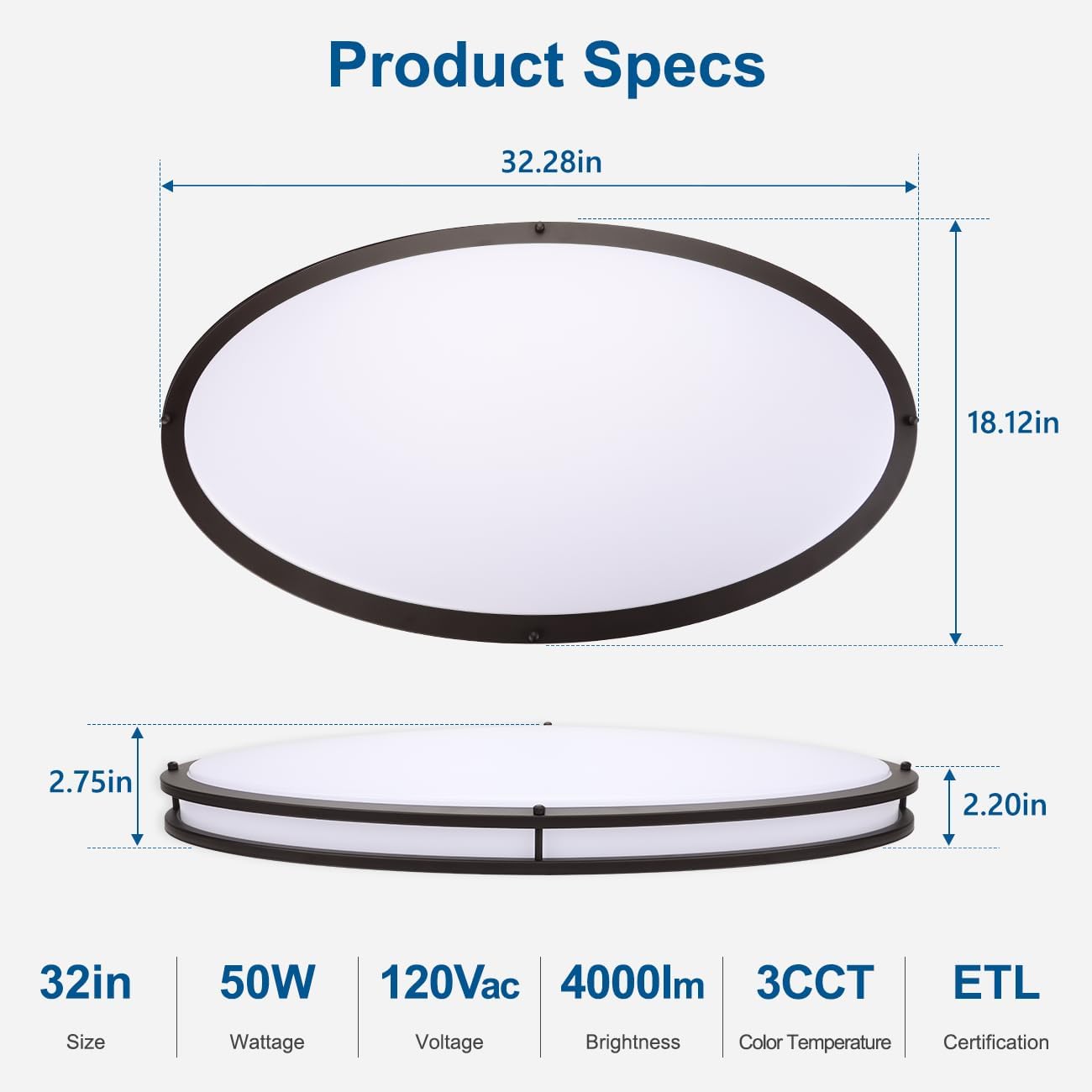 32In Oval LED Flush Mount Ceiling Light for Kitchen, 50W Large LED Ceiling Light Fixture for Living Room, 3000K/4000K/5000K Adjustable, Dimmable Ceiling Lighting for Dining Room/Laundry, ORB