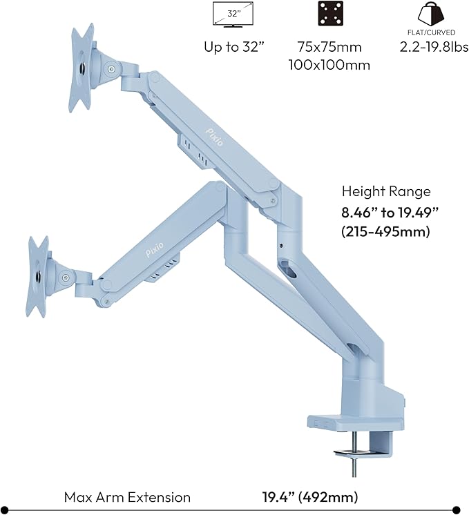 Pixio PS1D Wave Blue Dual Monitor Arm Stand Desk Mount - Image 4