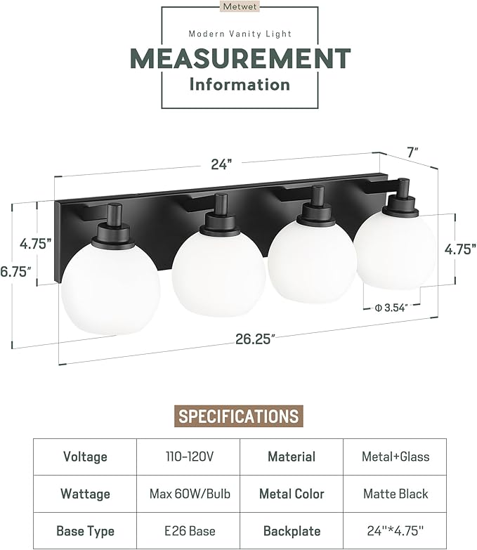 METWET Bathroom Light Fixtures, 4 Light Matte Black Vanity Light, 26 Inch - Image 4