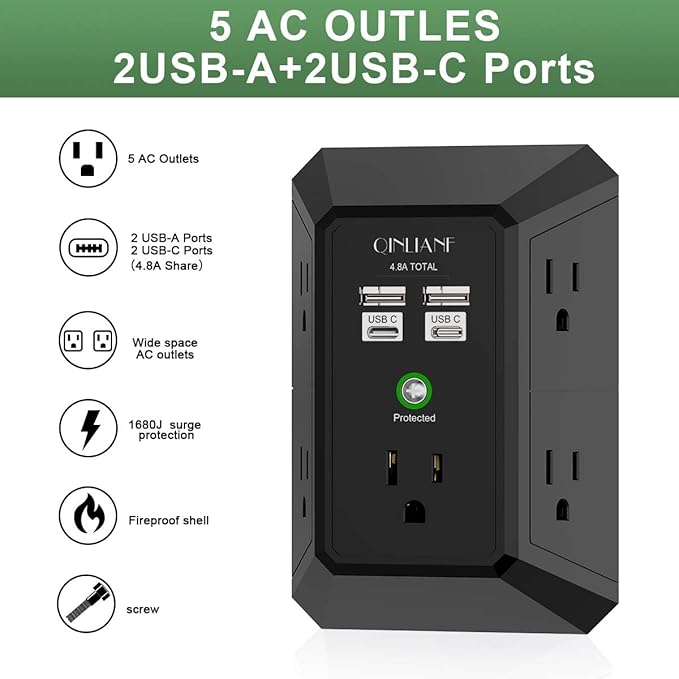 USB Wall Charger, Surge Protector, QINLIANF 5 Outlet Extender - Image 2