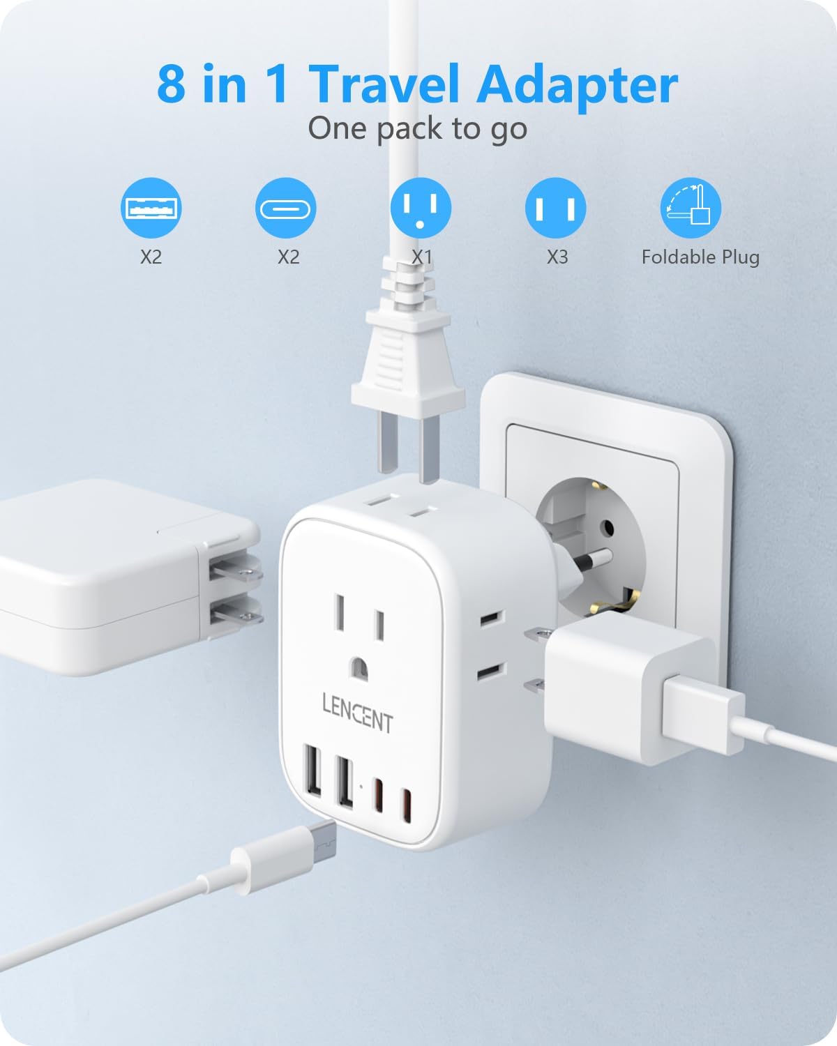 LENCENT Foldable European Travel Plug Adapter, US to Europe Type C Adapter | 2 Pack Power Plug with USB C Ports 4 Outlets, Adapter for USA to EU Euro Iceland Spain Italy France Germany Greece Portugal