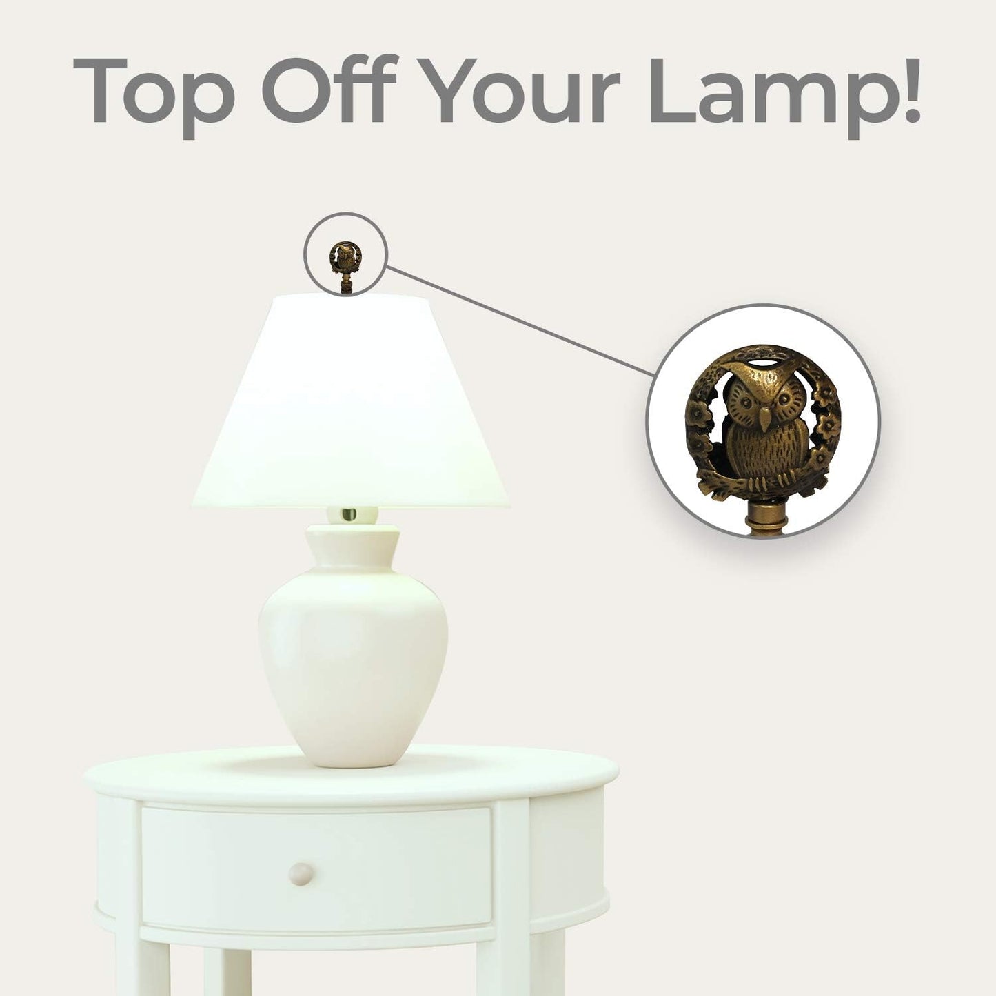 Royal Designs Decorative Botanical Owl Lamp Finial for Lamp Shade, Antique Brass - Pack of 2