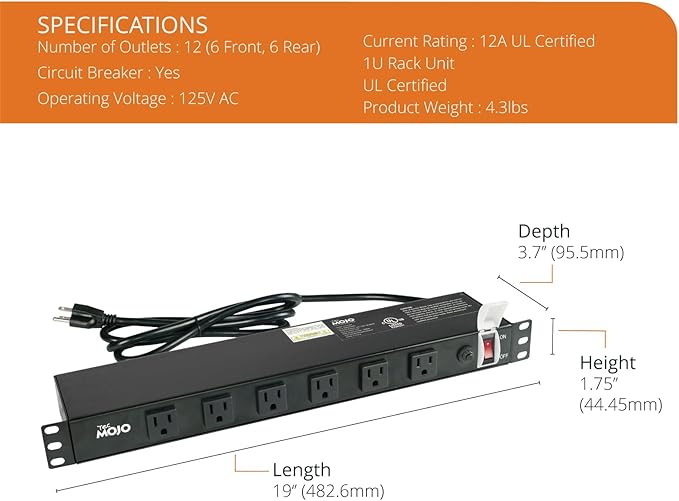 Tecmojo 1U Rackmount Network-Grade PDU Power Strip, 12 Wide-Spaced Right Angle - Image 2