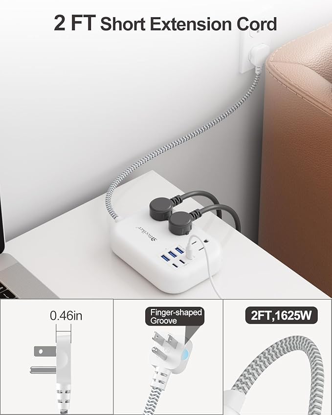 Beeiker Short Extension Cord 2 Foot- 6 USB Travel Power Strip - Image 5