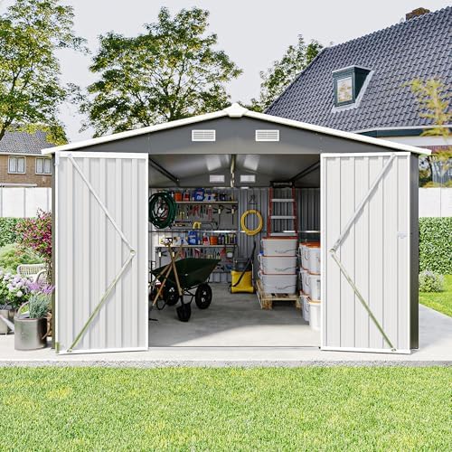 10x14 ft outdoor storage shed, large metal garden shown in use