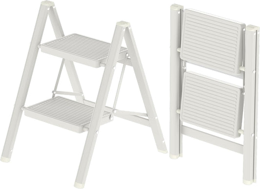 2 Step Ladder, Folding Step Stool with Anti-Slip Wide Pedal, Anti-Slip Feet, Sturdiest Steel Construction, 330lbs Capacity Steel Ladder for Home and Office, White