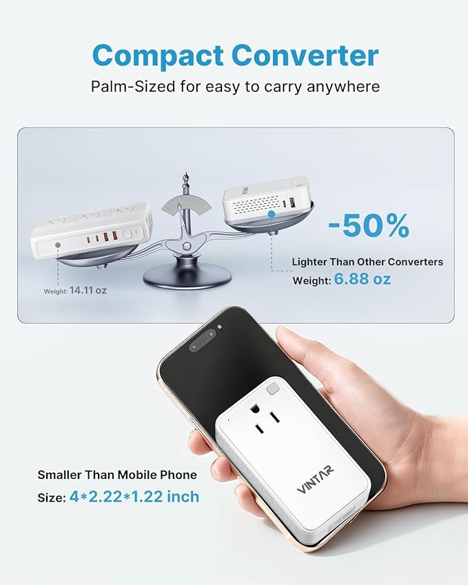 220V to 110V Converter for European Travel, VINTAR 200W Mini Universal Travel - Image 2