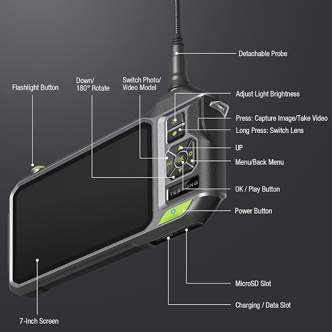 Triple Lens Borescope with 7" IPS Screen, Teslong 1080P HD Industrial Endoscope - Image 8